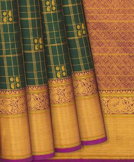 Green Handloom Kanchipuram Silk Saree With Mango Motifs & Checks
