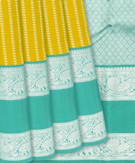 Lemon Yellow Handloom Kanchipuram Korvai Silk Saree With Zari Stripes

