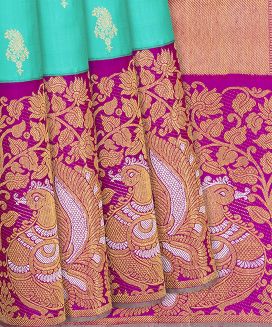 Turquoise Handloom Kanchipuram Korvai Silk Saree With Mango Buttas

