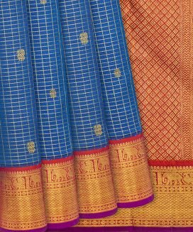 Blue Handloom Kanchipuram Korvai Silk Saree With Zari Checks & Buttas
