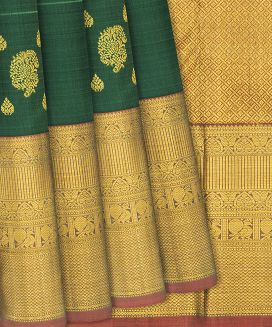Dark Green Handloom Kanchipuram Korvai Silk Saree With Zari Checks & Buttas
