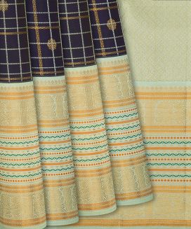 Brown Handloom Kanchipuram Korvai Silk Saree With Checks

