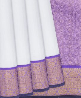 White Handloom Kanchipuram Korvai Silk Saree With Lavender Border
