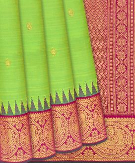 Light Green Handloom Kanchipuram Korvai Silk Saree With Floral Buttas
