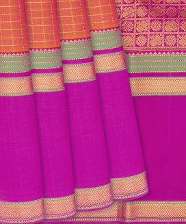 Orange Handloom Kanchipuram Silk Saree With Checks
