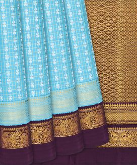 Turquoise Handloom Kanchipuram Korvai Silk Saree With Zari Checks
