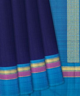 Dark Blue Handloom Kanchipuram Silk Saree With Cyan Border
