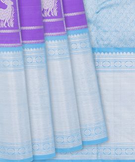 Purple Handloom Kanchipuram Silk Saree With Deer Motifs & Checks
