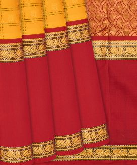 Mustard Handloom Kanchipuram Korvai Silk Saree With Dotted Checks

