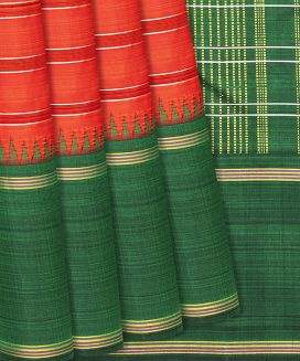 Orange Handloom Kanchipuram Korvai Silk Saree With Zari Stripes
