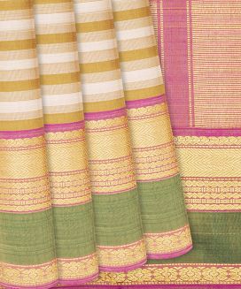 Beige Handloom Kanchipuram Silk Saree With Payadi Stripes
