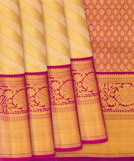 Beige Handloom Kanchipuram Korvai Silk Saree With Diagonal Stripes
