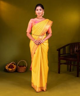 Yellow Handloom Kanchipuram Silk Saree With Meena Kamalam Motifs
