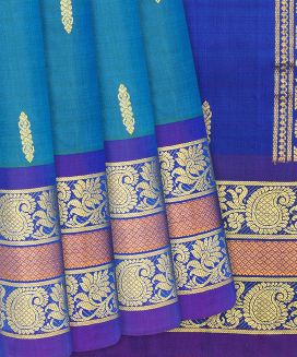 Blue Kanchipuram Silk Saree With Floral Buttas
