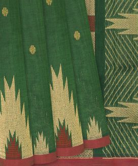 Dark Green Handloom Silk Cotton Saree with thazhampoo reku motifs in border and pallu 
