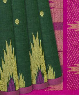 Bottle Green Handloom Silk Cotton Saree with thazhampoo reku motifs in border and pallu 
