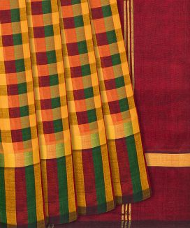 Multi Colour Handloom Silk Cotton Saree with stripes and checks
