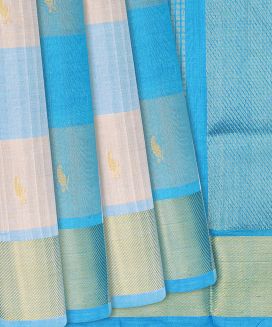 Cyan Handloom Silk Cotton Saree with stripes and checks
