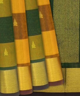 Bottle Green Handloom Silk Cotton Saree with multi colour stripes and checks
