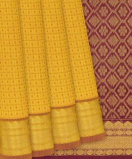 Turmeric Yellow Handloom Silk Cotton Saree with stripes and checks

