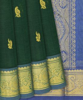 Bottle Green Handloom Silk Cotton Saree with paisley motifs in border and pallu
