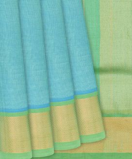 Cyan Handloom Silk Cotton Saree with contrast border and pallu
