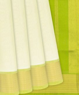 Off White Handloom Silk Cotton Saree with contrast Light Green pallu 
