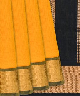 Mango Yellow Handloom Silk Cotton Saree with contrast  black pallu 
