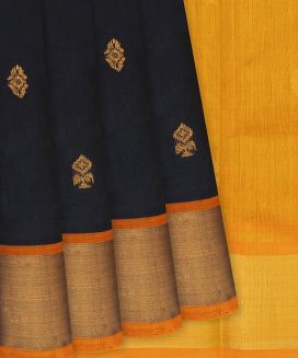 Black Handloom Silk Cotton Saree with contrast mango yellow border & pallu
