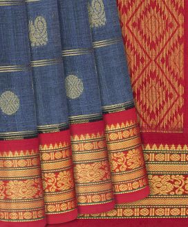 Dark Grey Handloom Silk Cotton Saree with contrast red border and pallu 
