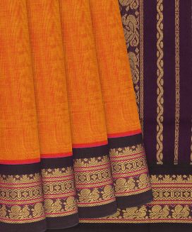 Mango Yellow Handloom Silk Cotton Saree with contrast magenta pallu 

