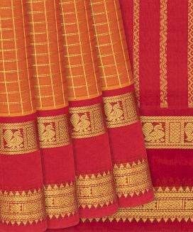 Orange Handloom Silk Cotton Saree with contrast red border and pallu
