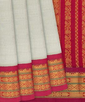 Off White Handloom Silk Cotton Saree with contrast Pink border and pallu 
