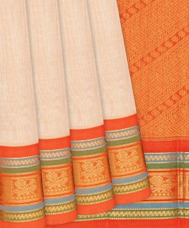 Cream Handloom Silk Cotton Saree with contrast orange border & pallu
