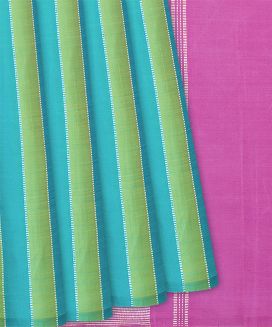 Turquoise Handloom Kanchipuram Silk Saree With Dotted Stripes
