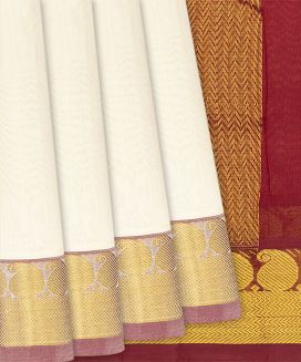 Cream Handloom Silk Cotton Saree with contrast maroon border and pallu
