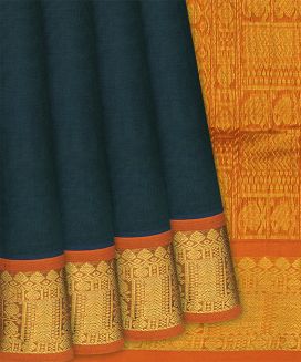 Teal Handloom Silk Cotton Saree with contrast orange border and pallu

