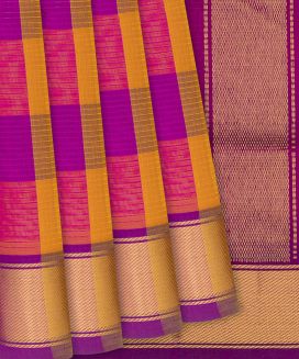Multi Colour Handloom Silk Cotton Saree with contrast pink border and pallu
