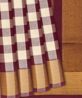 Off White Maroon checked Handloom Silk Cotton Saree with contrast border and pallu
