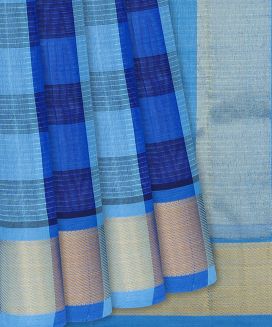 Cyan and Blue checked Handloom Silk Cotton Saree with cyan border and pallu

