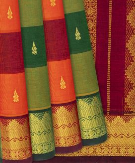 Multi Colour Checked Handloom Silk Cotton Saree with contrast maroon pallu
