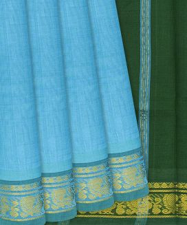 Cyan Handloom Silk Cotton Saree with contrast bottle green pallu
