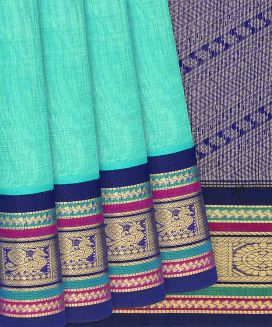Cyan Handloom Silk Cotton Saree with contrast blue border and pallu
