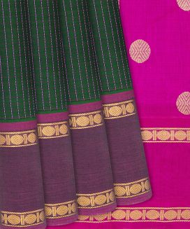 Bottle Green Handloom Silk Cotton Saree with contrast pink pallu
