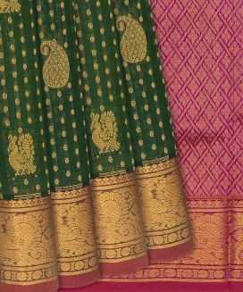Green Handloom Silk Cotton Saree with contrast pink pallu
