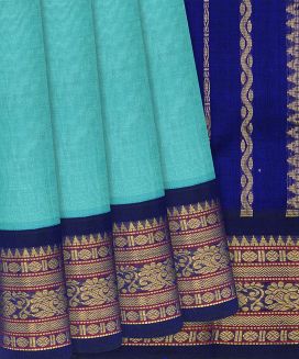 Turquoise Handloom Silk Cotton Saree with annam motifs in border and pallu
