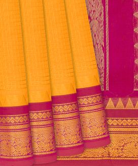 Light Yellow Handloom Silk Cotton Saree with contrast pink border and pallu
