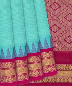 Turquoise Handloom Silk Cotton Saree with contrast border and pallu
