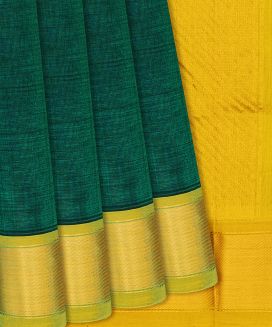 Dark Green Handloom Silk Cotton Saree with contrast yellow border and pallu
