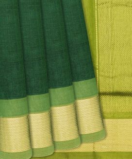 Dark Green Handloom Silk Cotton Saree with contrast light green border and pallu
